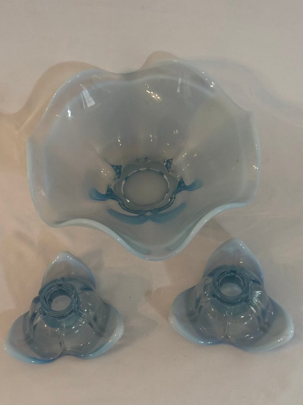 Vintage Duncan Miller Canterbury Blue Opalescent Glass Bowl & Candleholders 4118